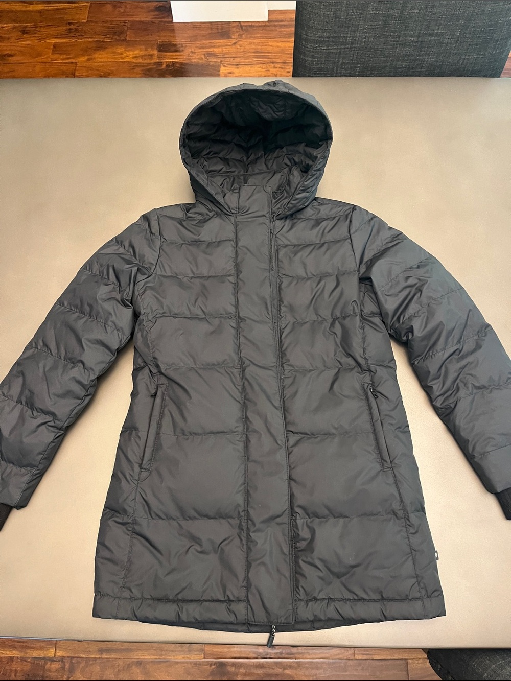 Athleta Black Hooded Long Puffer Jacket